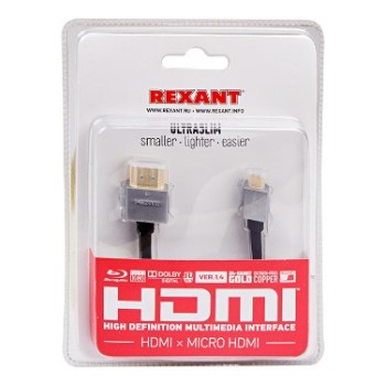 Шнур micro HDMI - HDMI, длина 1,5 метра Ultra Slim (блистер) (GOLD) REXANT